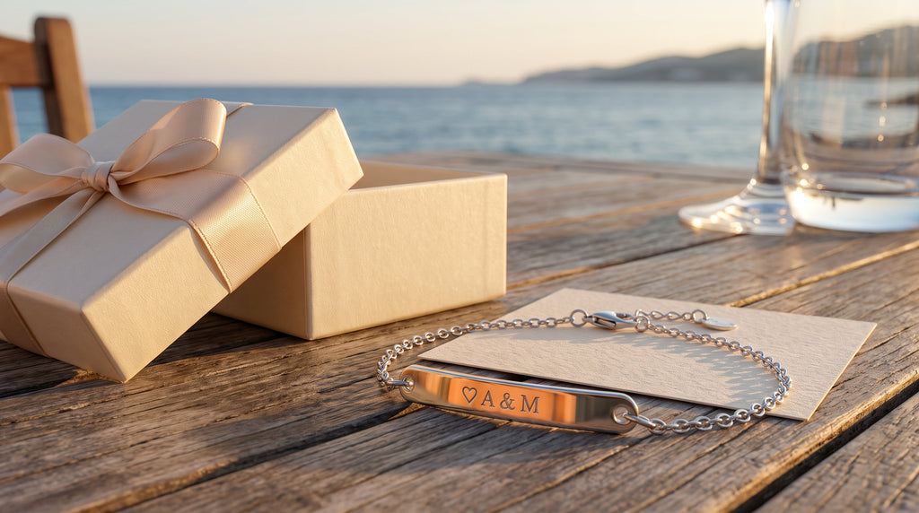 Bracelet gravé Nura — packshot produit, plaque fine acier inoxydable 316L